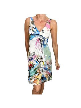 VERSACE 2009 SS ready to wear draped white sleeveless sea print mini dress 40